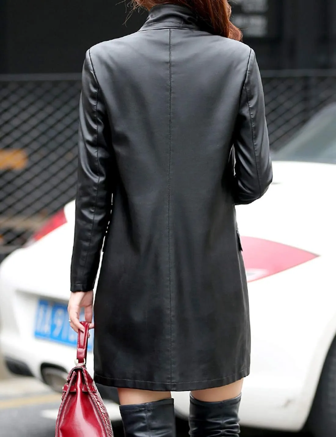 Tanming Womens PU Faux Leather Jacket Casual Lapel Long Suit Trench Coat Outerwear