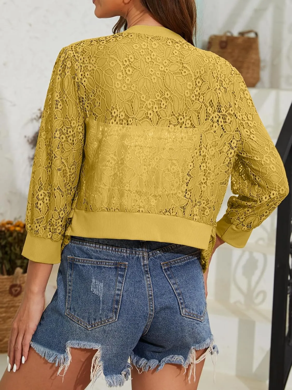 Tanou 2025 Women's Sheer Floral Lace Shrug Cardigans Sweaters Cropped Lightweight 3/4 Sleeves Bolero Shawl