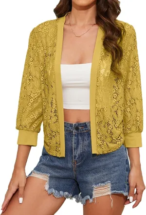 Tanou 2025 Women's Sheer Floral Lace Shrug Cardigans Sweaters Cropped Lightweight 3/4 Sleeves Bolero Shawl