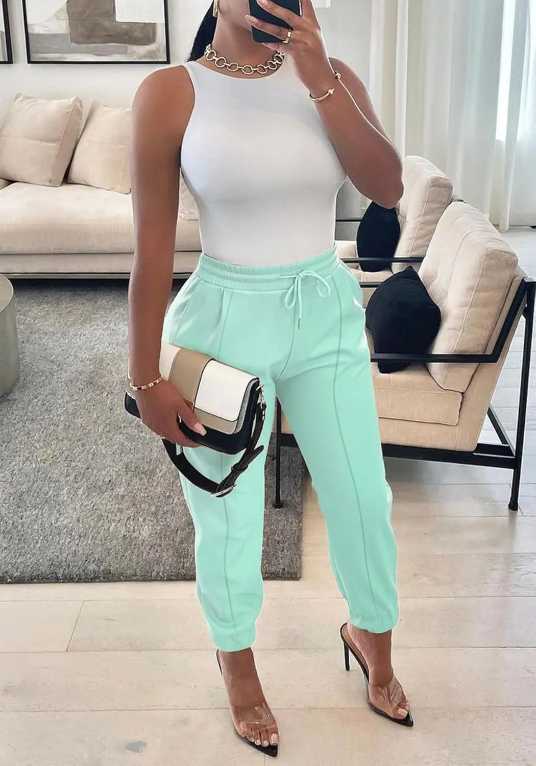 Tcremisa Women's Faux Leather Pants Drawstring Elastic High Waist Joggers Casual Loose Trousers with Pockets