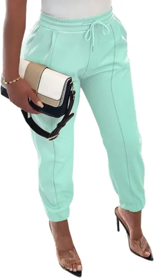 Tcremisa Women's Faux Leather Pants Drawstring Elastic High Waist Joggers Casual Loose Trousers with Pockets