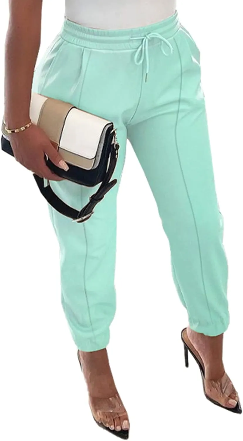 Tcremisa Women's Faux Leather Pants Drawstring Elastic High Waist Joggers Casual Loose Trousers with Pockets