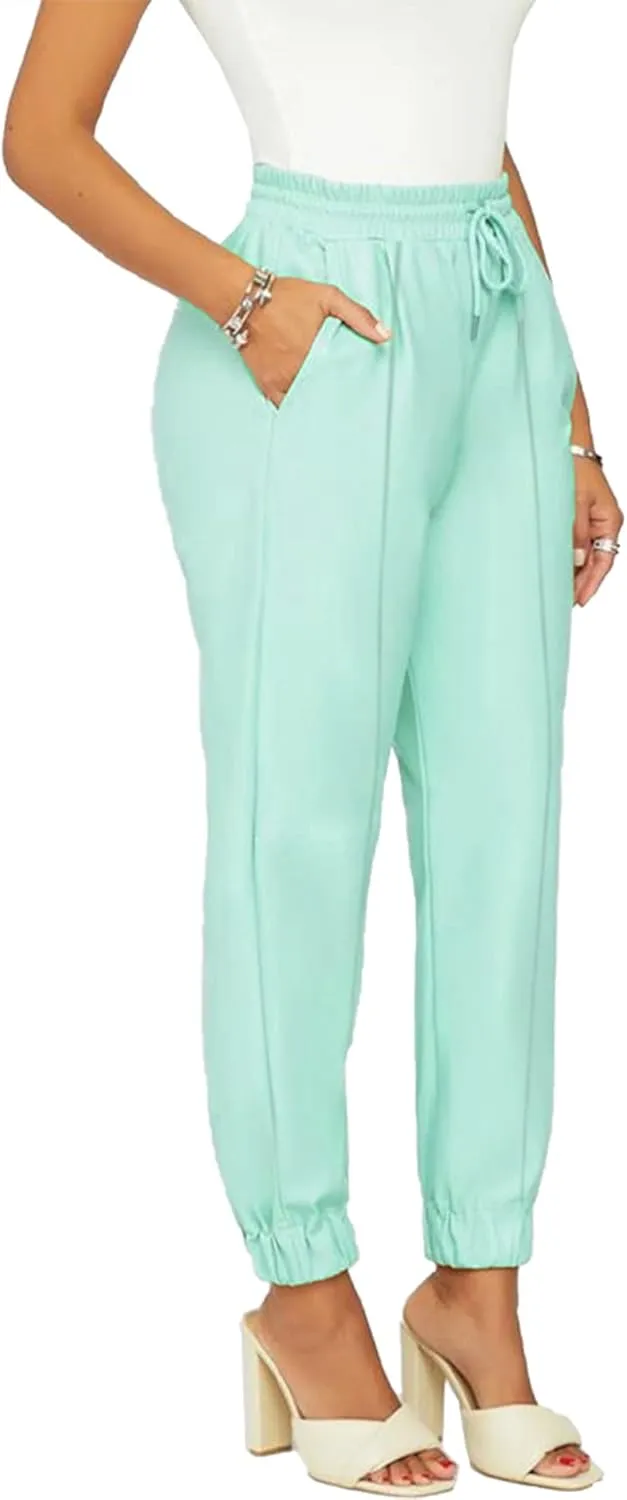 Tcremisa Women's Faux Leather Pants Drawstring Elastic High Waist Joggers Casual Loose Trousers with Pockets