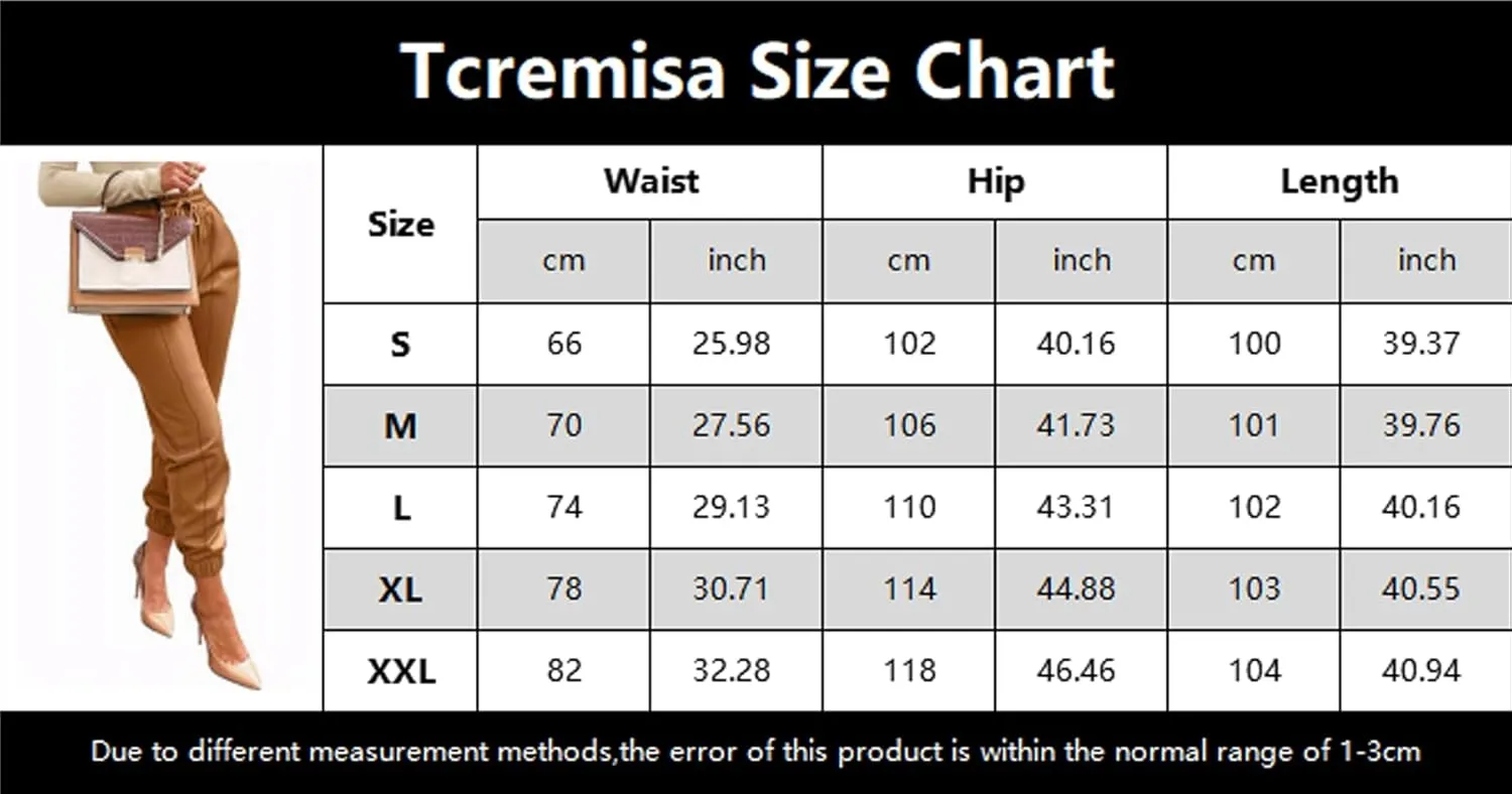 Tcremisa Women's Faux Leather Pants Drawstring Elastic High Waist Joggers Casual Loose Trousers with Pockets