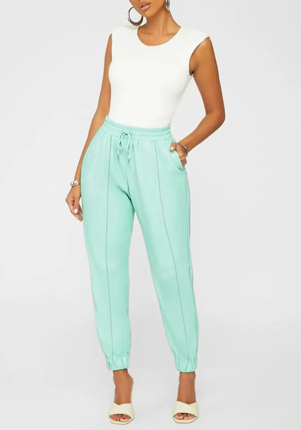 Tcremisa Women's Faux Leather Pants Drawstring Elastic High Waist Joggers Casual Loose Trousers with Pockets