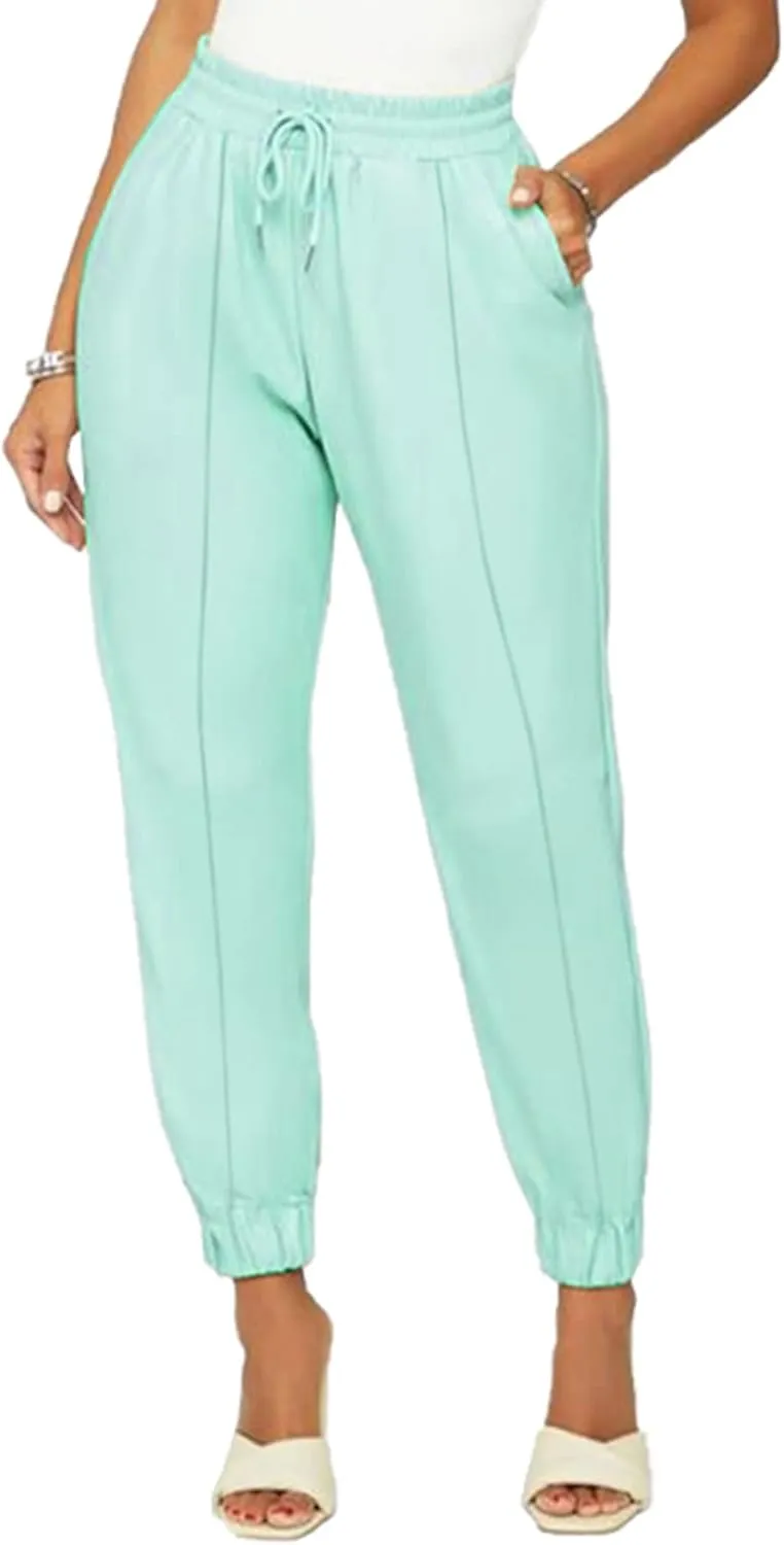 Tcremisa Women's Faux Leather Pants Drawstring Elastic High Waist Joggers Casual Loose Trousers with Pockets