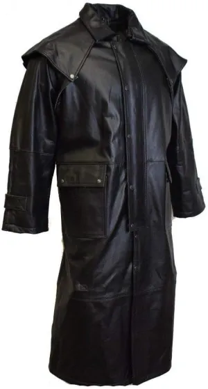 Tench Biker Coat Buffalo Leather Long Duster Goth Jacket with Removable Cape