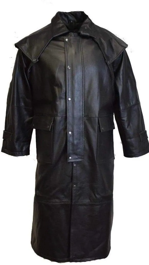 Tench Biker Coat Buffalo Leather Long Duster Goth Jacket with Removable Cape