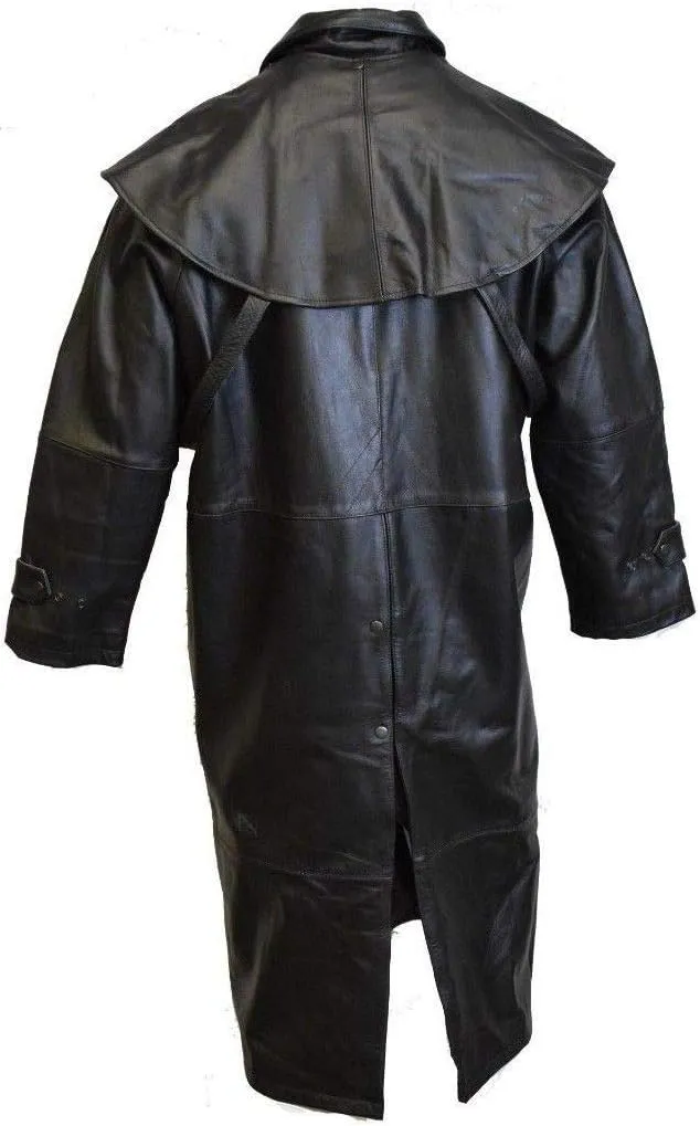 Tench Biker Coat Buffalo Leather Long Duster Goth Jacket with Removable Cape