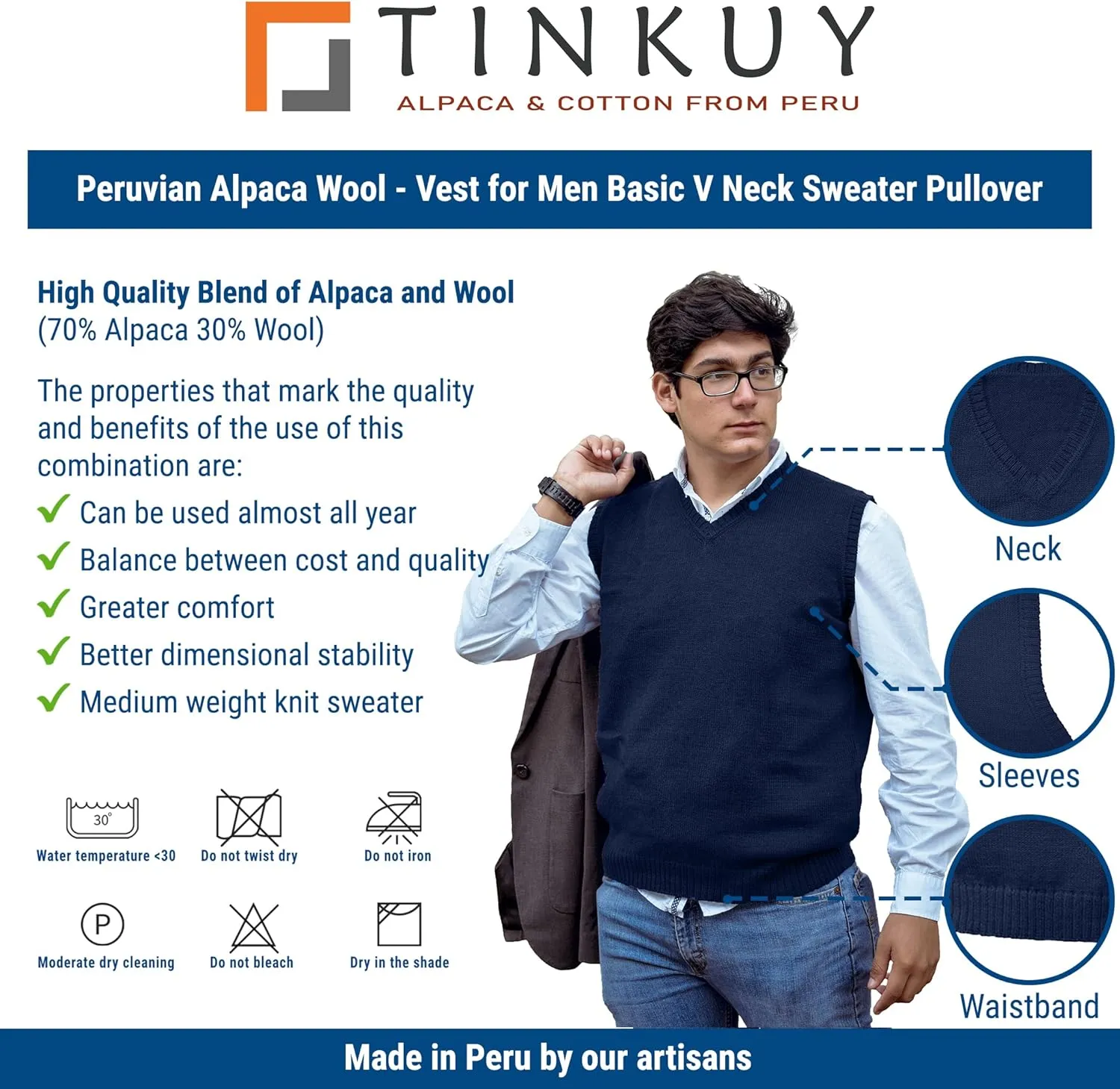 TINKUY Peru Men's Alpaca Wool V Neck Sweater Vest, S-4XL