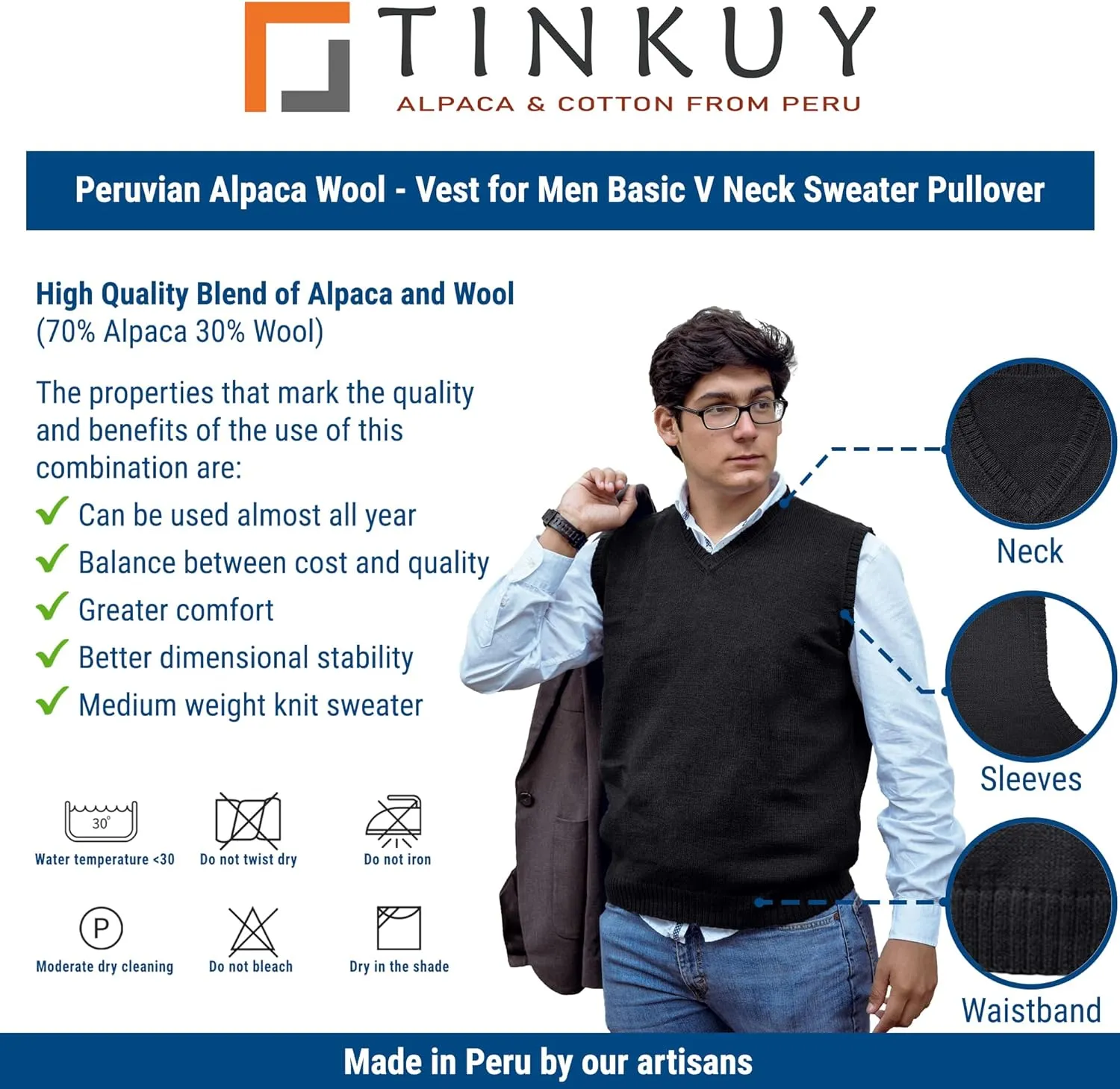 TINKUY Peru Men's Alpaca Wool V Neck Sweater Vest, S-4XL