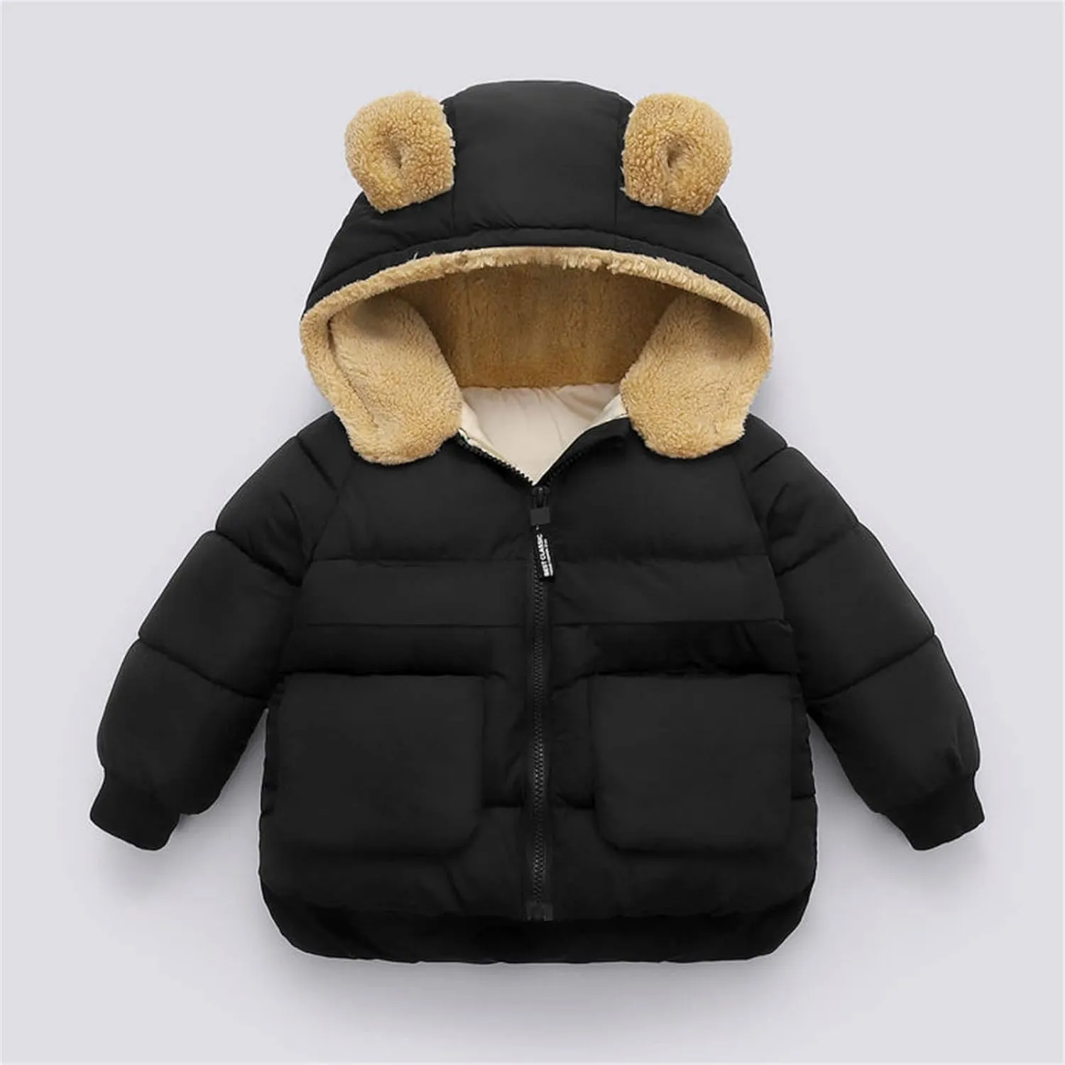 Toddler Kids Baby Boys Girls Winter Warm Solid Coats Bear Ears Fleece Hooded Padded Jacket Boys Cotton Hooded Winter