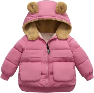 Toddler Kids Baby Boys Girls Winter Warm Solid Coats Bear Ears Fleece Hooded Padded Jacket Boys Cotton Hooded Winter