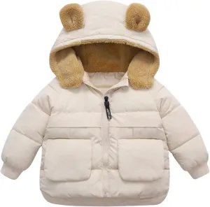 Toddler Kids Baby Boys Girls Winter Warm Solid Coats Bear Ears Fleece Hooded Padded Jacket Boys Cotton Hooded Winter