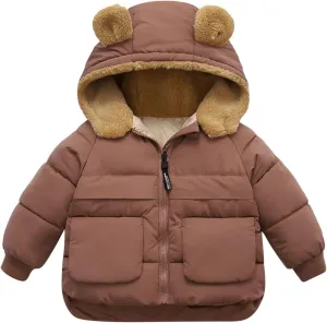Toddler Kids Baby Boys Girls Winter Warm Solid Coats Bear Ears Fleece Hooded Padded Jacket Boys Cotton Hooded Winter