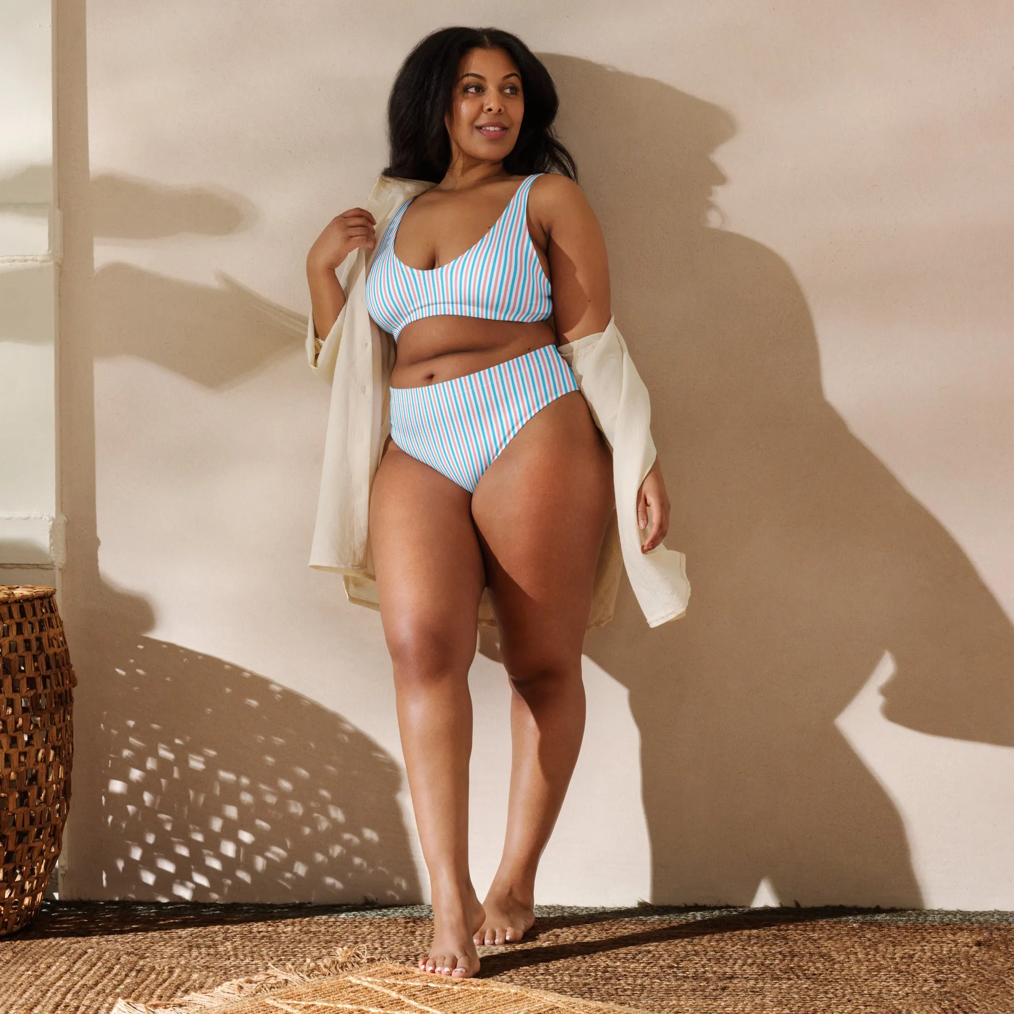 Transgender Striped High-Waisted Athletic Bikini Bottom