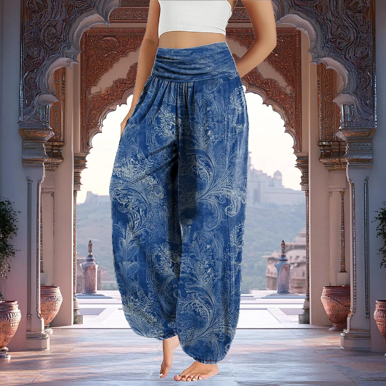 Trendy Boho Harem Pants Women Casual High Smocked Waist Yoga Pants Plus Size Loose Daily Lightweight Joggers