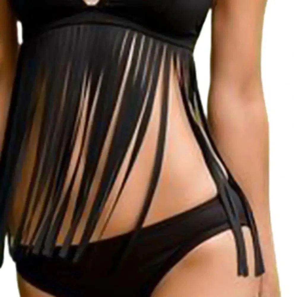 Two-Piece Bikini Swimsuit Split Bodycon Tassel Design Bandage Halter Belly Covering Bathing Suit Women Swimwear Beach Wear