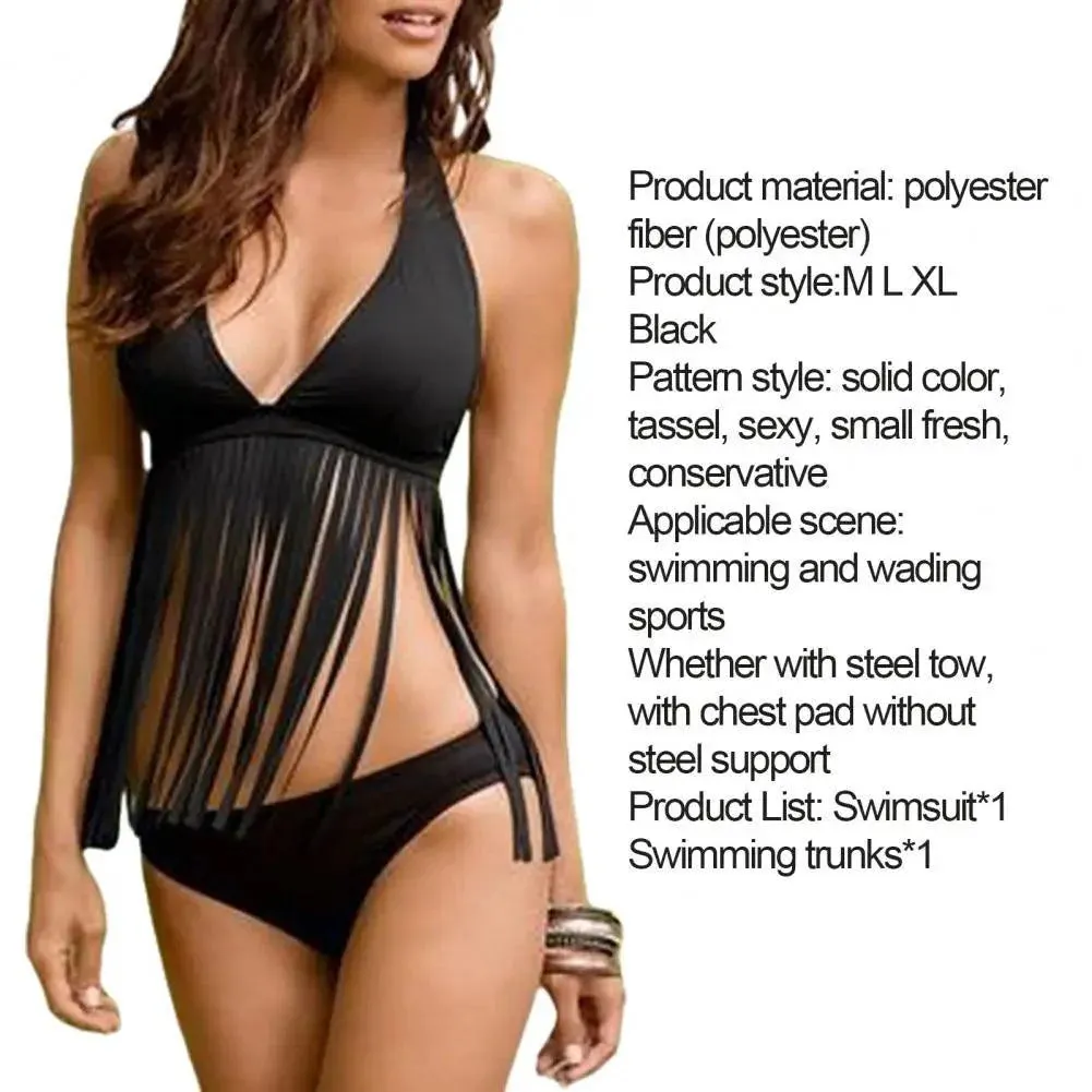 Two-Piece Bikini Swimsuit Split Bodycon Tassel Design Bandage Halter Belly Covering Bathing Suit Women Swimwear Beach Wear