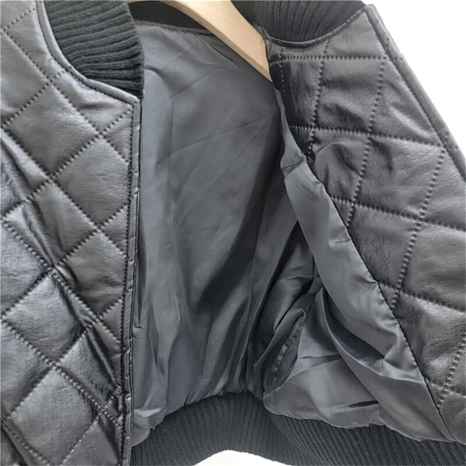 UIOKLMJH Women Covered Button Knitted Sleeve Leather Jacket Vintage High Street Style Stand Collar Coat