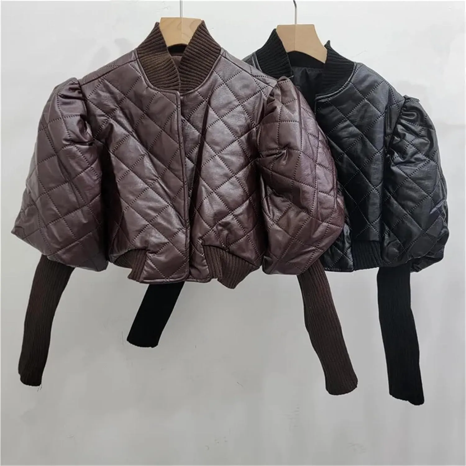 UIOKLMJH Women Covered Button Knitted Sleeve Leather Jacket Vintage High Street Style Stand Collar Coat