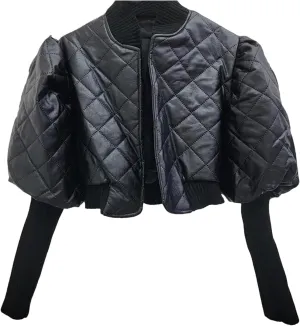 UIOKLMJH Women Covered Button Knitted Sleeve Leather Jacket Vintage High Street Style Stand Collar Coat
