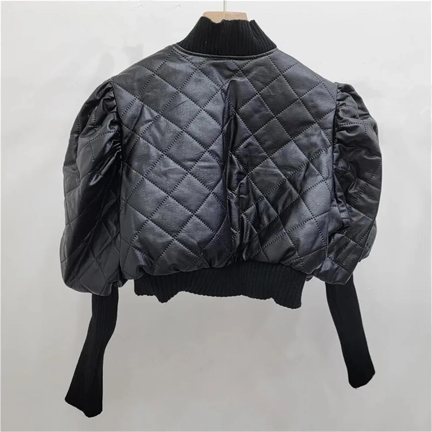UIOKLMJH Women Covered Button Knitted Sleeve Leather Jacket Vintage High Street Style Stand Collar Coat