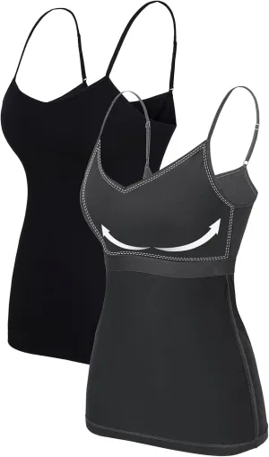 V FOR CITY Women V-Neck Camisole with Shelf Bra Slim Fit Cotton Tank Tops Cami Shirts for Layering 2 Pack