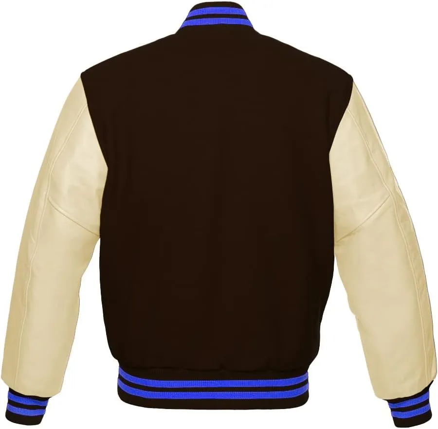 Varsity Jacket Baseball Letterman Bomber Wool & Light Cream Genuine leather Sleeves With Blue Stripe