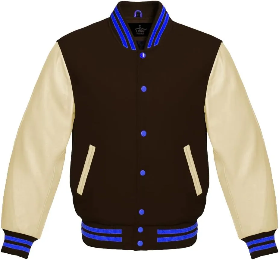 Varsity Jacket Baseball Letterman Bomber Wool & Light Cream Genuine leather Sleeves With Blue Stripe