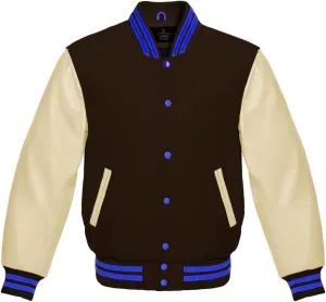 Varsity Jacket Baseball Letterman Bomber Wool & Light Cream Genuine leather Sleeves With Blue Stripe