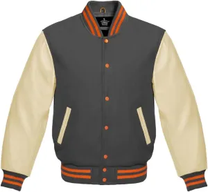 Varsity Jacket Baseball Letterman Bomber Wool & Light Cream Genuine leather Sleeves With Orange Stripe