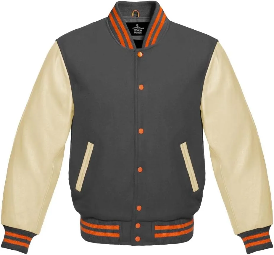 Varsity Jacket Baseball Letterman Bomber Wool & Light Cream Genuine leather Sleeves With Orange Stripe