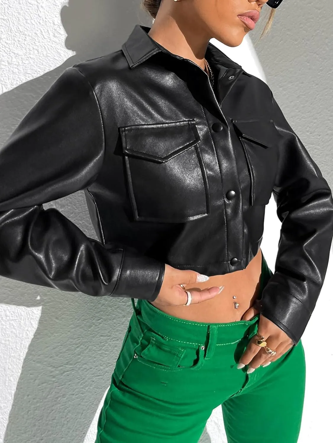 Verdusa Women's Button Up Long Sleeve PU Leather Crop Jacket Outerwear with Pockets