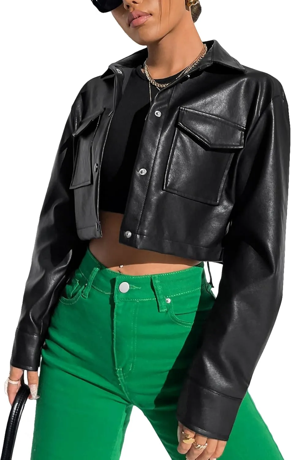 Verdusa Women's Button Up Long Sleeve PU Leather Crop Jacket Outerwear with Pockets