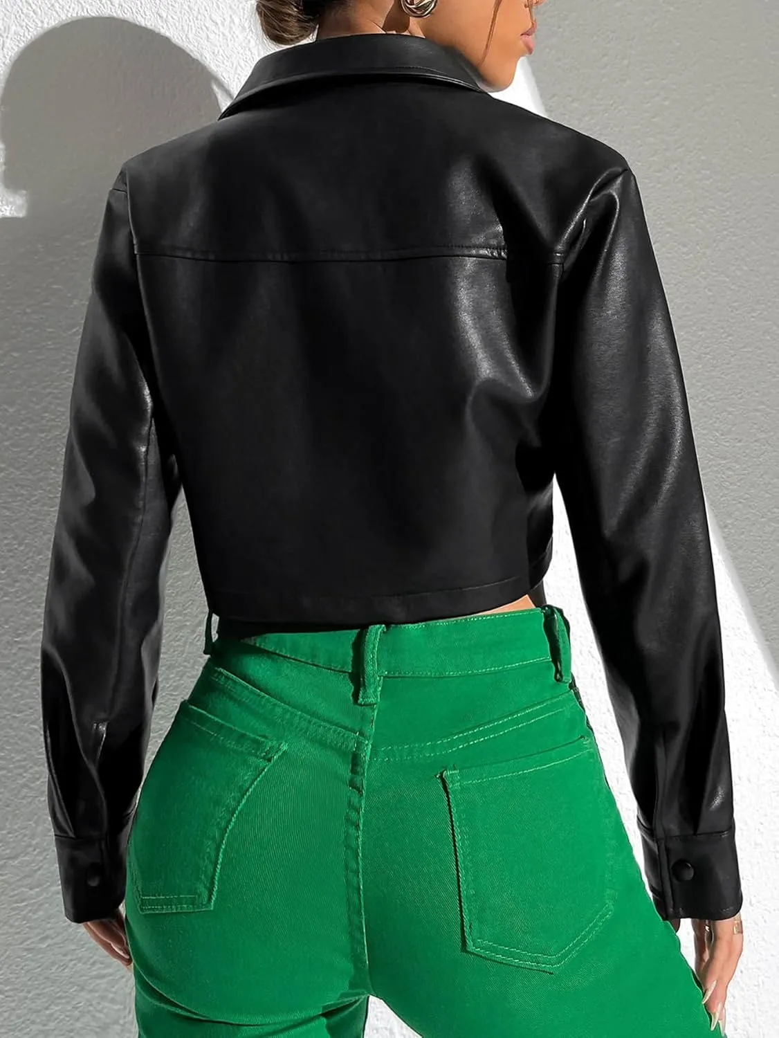 Verdusa Women's Button Up Long Sleeve PU Leather Crop Jacket Outerwear with Pockets
