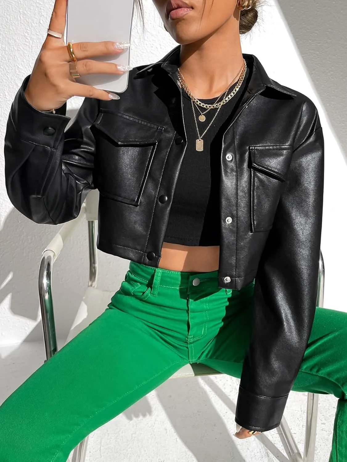 Verdusa Women's Button Up Long Sleeve PU Leather Crop Jacket Outerwear with Pockets