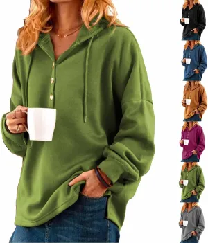 Vintage Solid Color Long Sleeve Buttoned Sweatshirt for Women, Womens Oversized Hoodie, Soft Cotton Fleece Crewneck