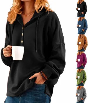 Vintage Solid Color Long Sleeve Buttoned Sweatshirt for Women, Womens Oversized Hoodie, Soft Cotton Fleece Crewneck
