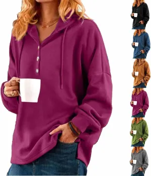 Vintage Solid Color Long Sleeve Buttoned Sweatshirt for Women, Womens Oversized Hoodie, Soft Cotton Fleece Crewneck