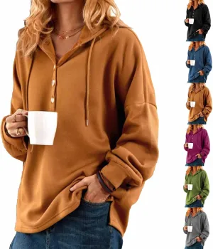 Vintage Solid Color Long Sleeve Buttoned Sweatshirt for Women, Womens Oversized Hoodie, Soft Cotton Fleece Crewneck