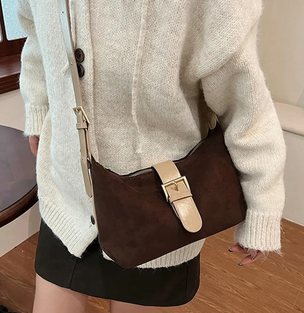 Vintage Suede Crescent Bag for Women Mini Top Handle Handbag Trendy Satchel Purse Causal Slouchy Bag with Adjustable Strap