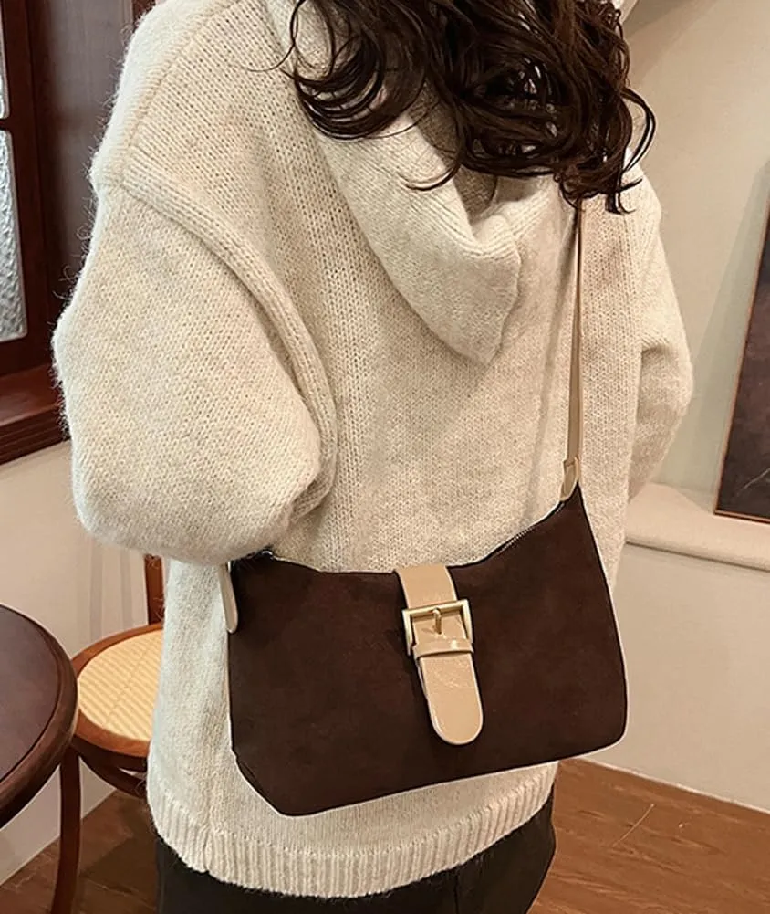 Vintage Suede Crescent Bag for Women Mini Top Handle Handbag Trendy Satchel Purse Causal Slouchy Bag with Adjustable Strap