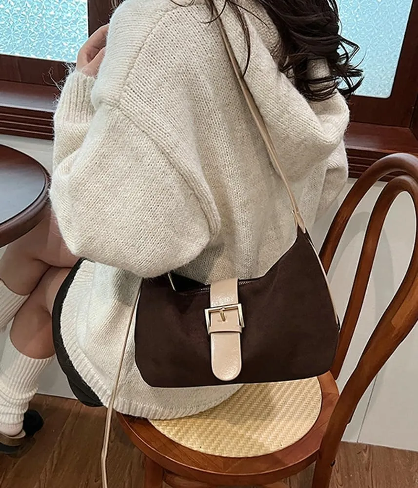 Vintage Suede Crescent Bag for Women Mini Top Handle Handbag Trendy Satchel Purse Causal Slouchy Bag with Adjustable Strap