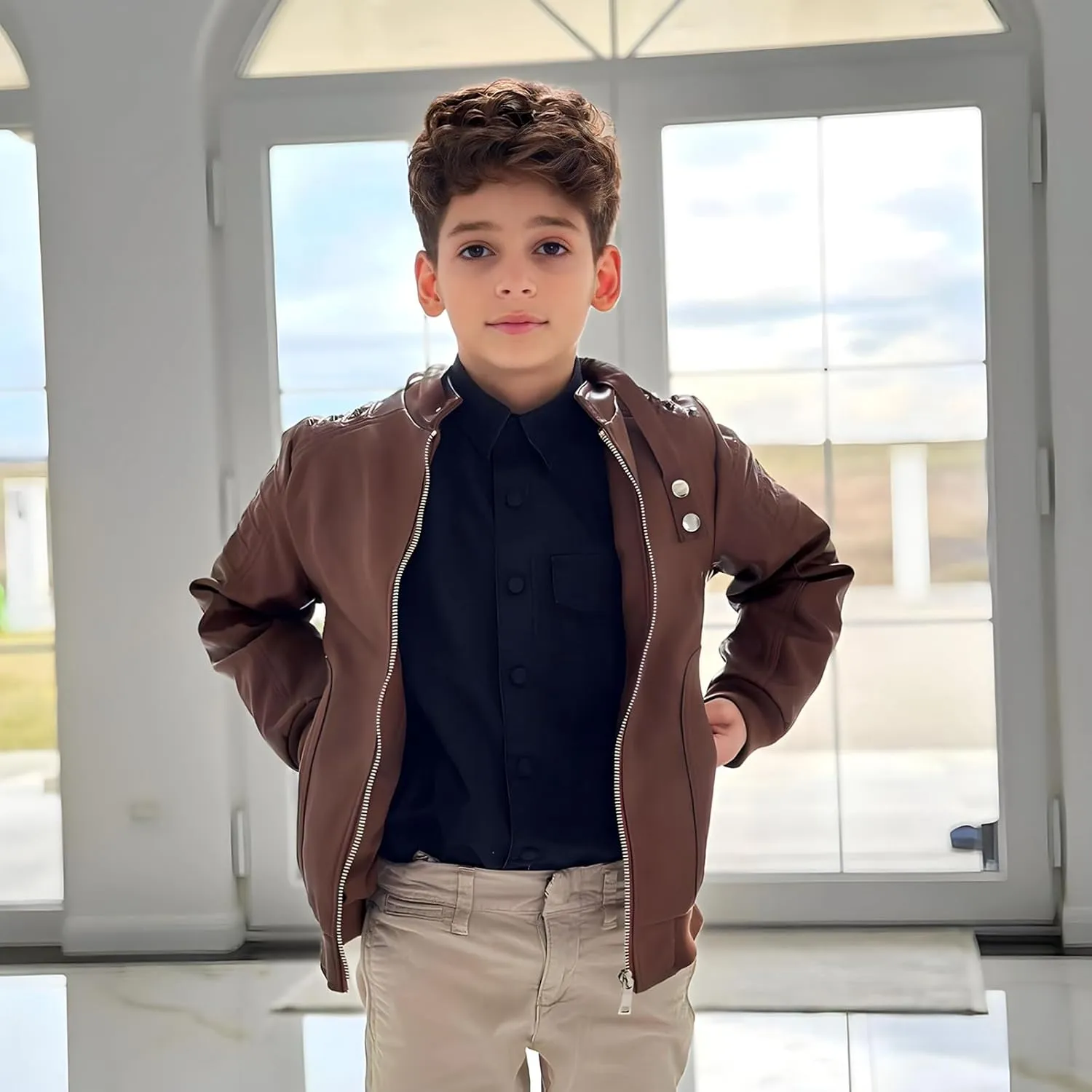 Volunboy Boys Leather Jacket Kids Fall Motorcycle Faux Pu Coats Spring Outerwear