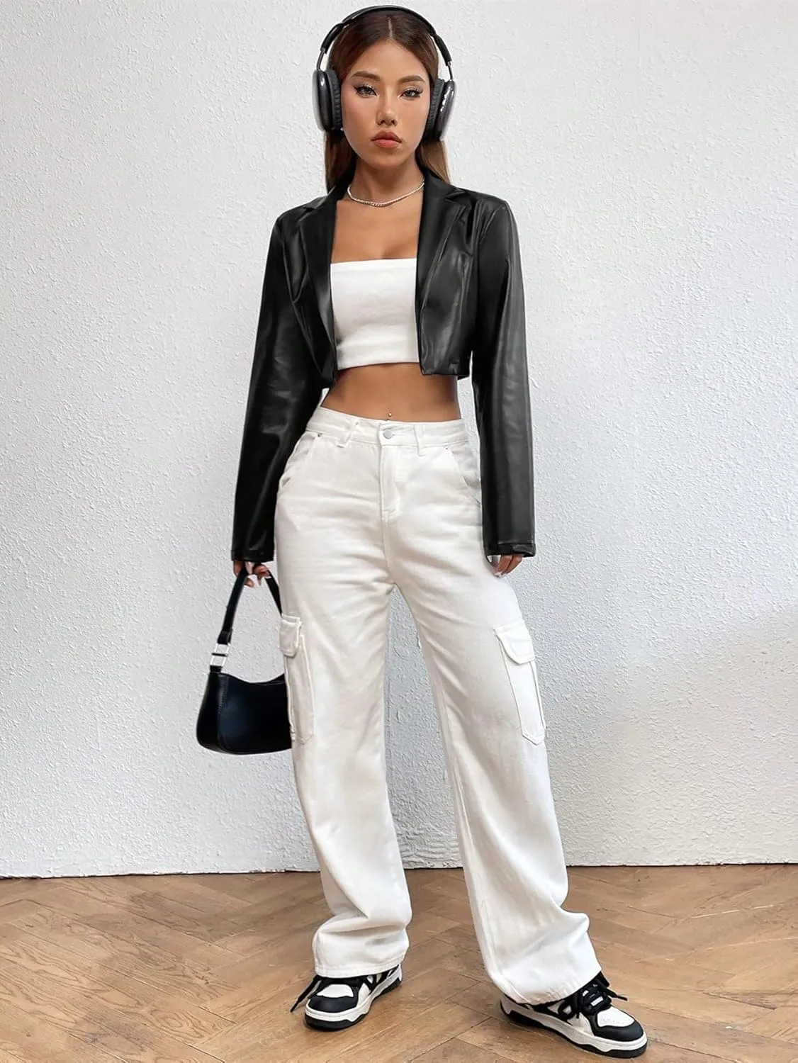 WDIRARA Women's PU Leather Lapel Neck Crop Jackets Long Sleeve Open Front Jacket Outerwear