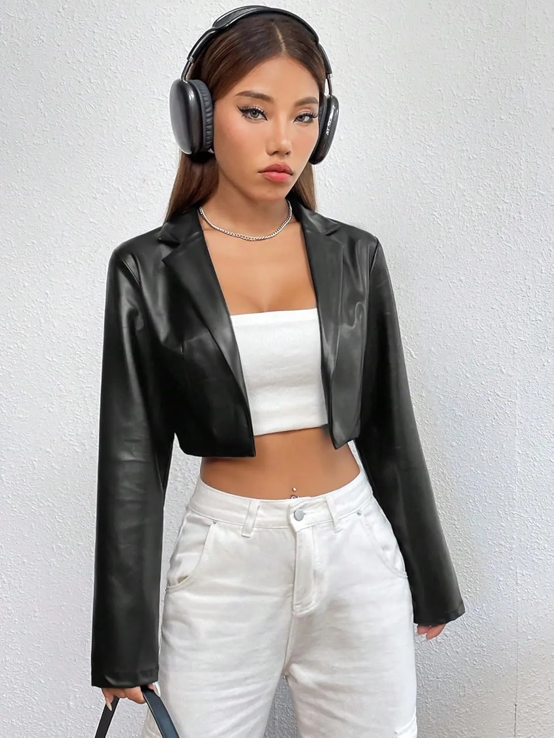 WDIRARA Women's PU Leather Lapel Neck Crop Jackets Long Sleeve Open Front Jacket Outerwear