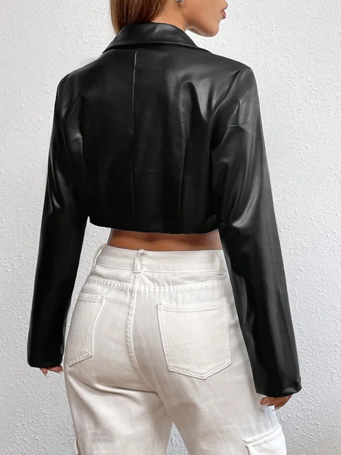 WDIRARA Women's PU Leather Lapel Neck Crop Jackets Long Sleeve Open Front Jacket Outerwear
