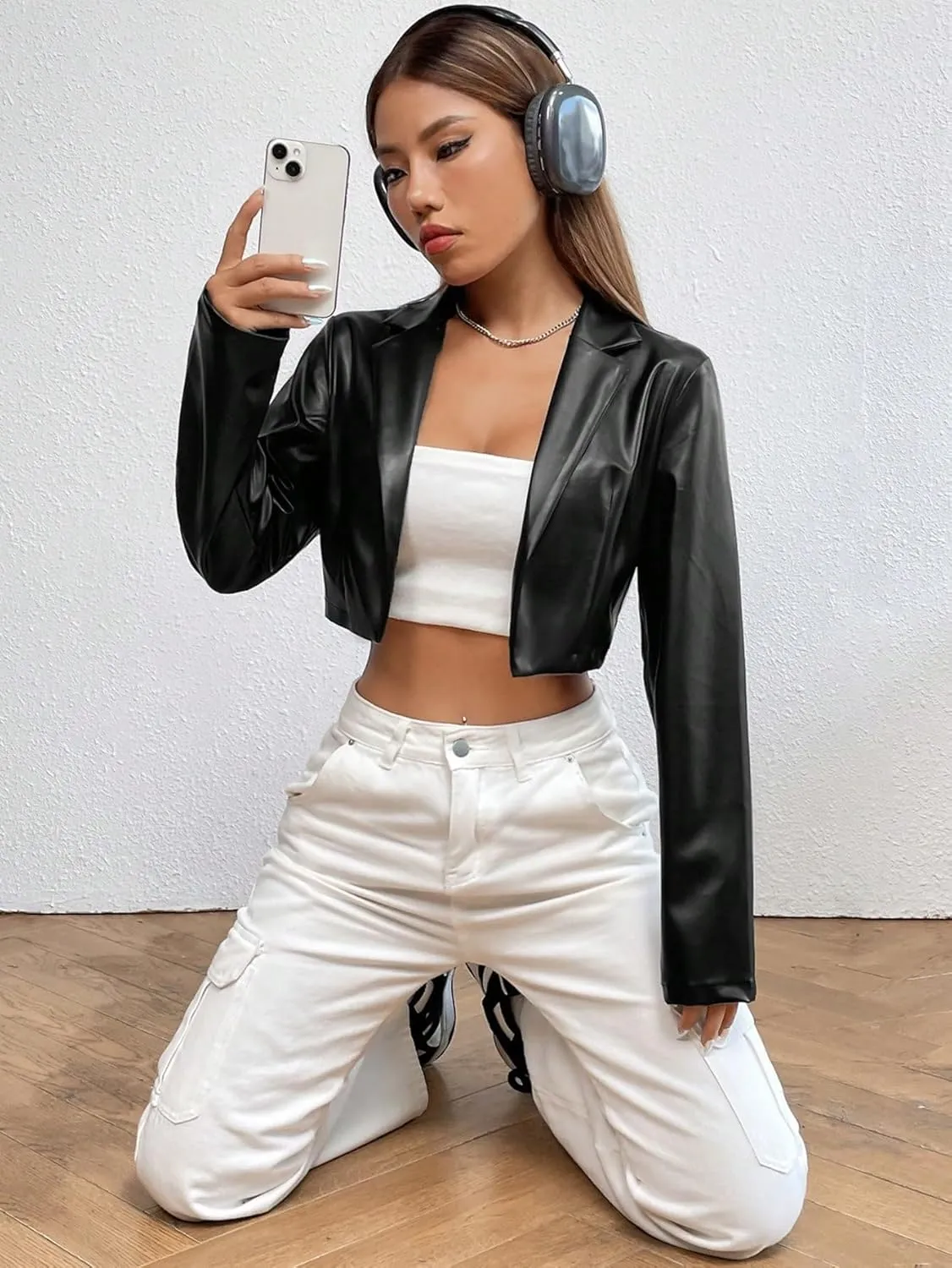 WDIRARA Women's PU Leather Lapel Neck Crop Jackets Long Sleeve Open Front Jacket Outerwear
