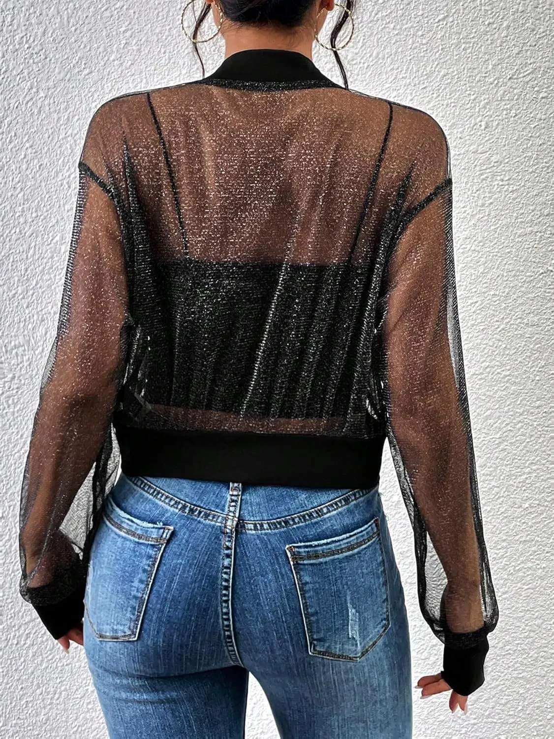 WDIRARA Women's Zip Up Glitter Mesh Bomber Jacket Drop Shoulder Long Sleeve Coats